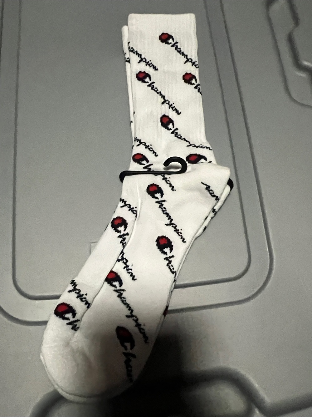 Champion White Crew Socks with Red & Black Logo Pattern Sz 10-13
